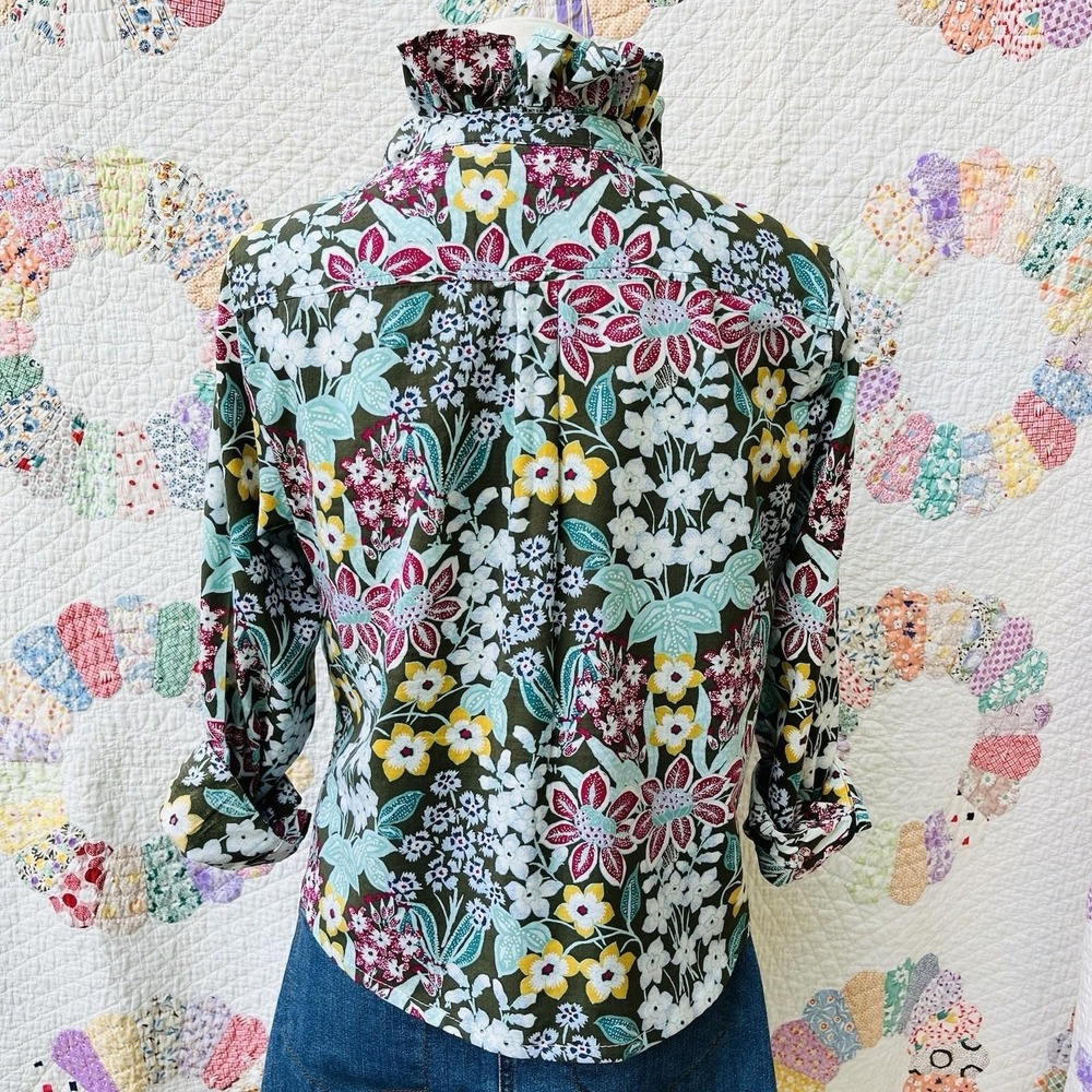 Upcycled Fairycore Talbots Loden Green Floral Long Sleeve Ruffle Collar Shirt M - Picture 5 of 9